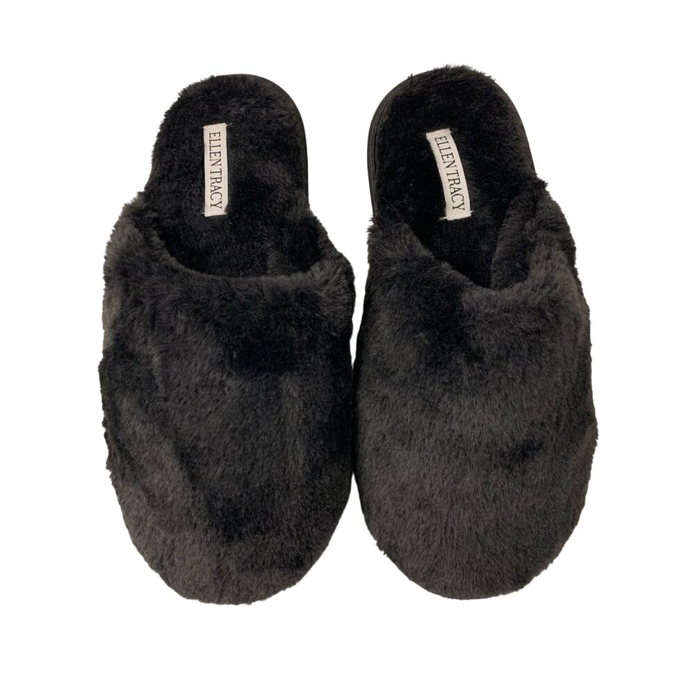 Ellen Tracy Women's Black Furry House Slippers Size 8(M)